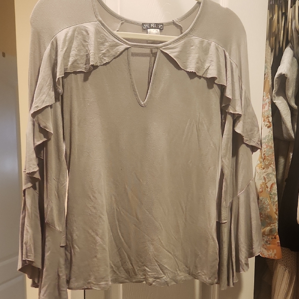 VENUS Gray ruffle keyhole top Bell Sleeve With Ruffle